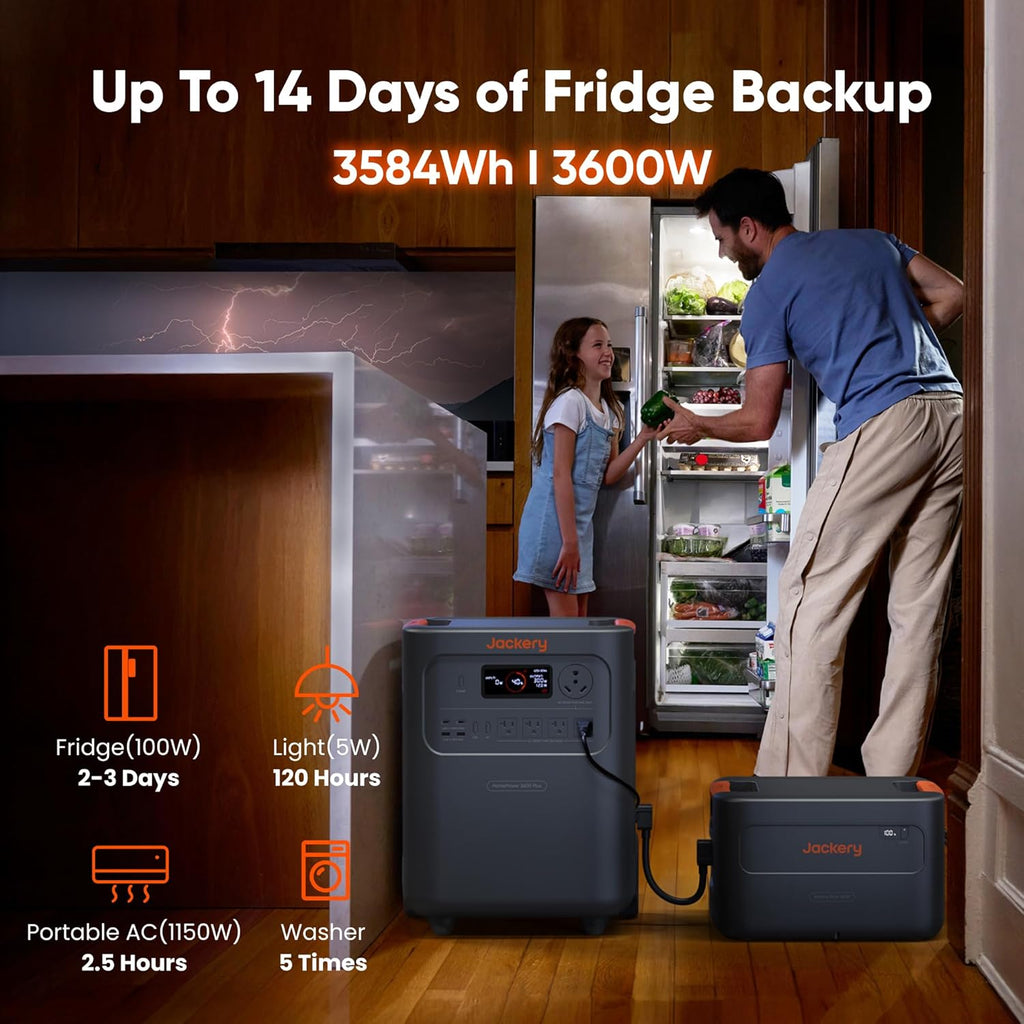 Station d'alimentation compact and portable Jackery HomePower 3600 Plus avec 2 panneaux solaires de 200 W, puissance de sortie CA de 3 600 W, générateur solaire LFP de 3 584 Wh, extensible jusqu'à 21 kWh. Solution de secours indispensable pour la