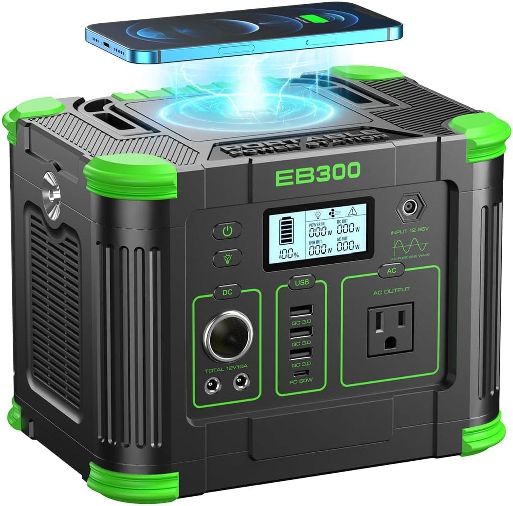 Centrale électrique compact and portable 330 W, générateur solaire 288 Wh, charge rapide USB-C PD 60 W, prise secteur à onde sinusoïdale pure, chargeur sans fil 5 W, LED pour camping-car, alimentation de secours pour appareils CPAP et vie hors