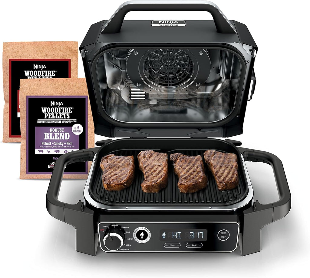Ninja | Série Feu de Bois | 7 en 1 (BBQ Grill, BBQ, Rôtissage, Friture à Air, Déshydratation, Grillage, Fumage) | Portable et résistant aux intempéries | Cuisson jusqu'à 6 steaks et 30 hot-dogs | Granulés de bois inclus | OG701