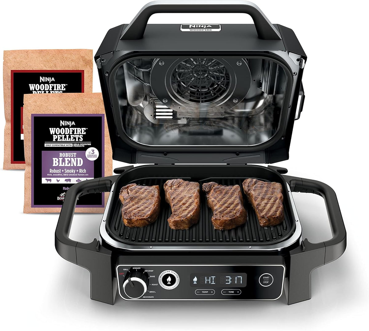 Ninja | Série Feu de Bois | 7 en 1 (BBQ Grill, BBQ, Rôtissage, Friture à Air, Déshydratation, Grillage, Fumage) | Portable et résistant aux intempéries | Cuisson jusqu'à 6 steaks et 30 hot-dogs | Granulés de bois inclus | OG701