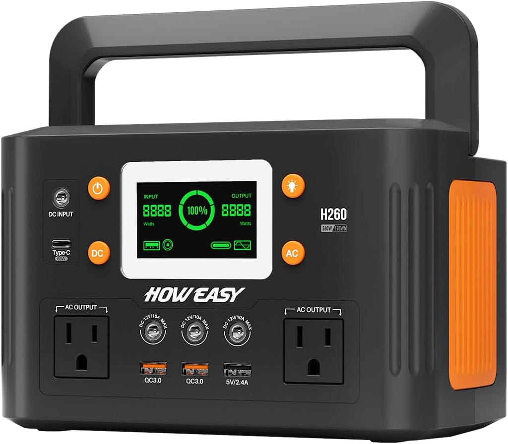 Station d'alimentation compact and portable HOWEASY, générateur solaire 260 W (500 W en crête) avec alimentation auxiliaire 65 W, prise secteur 110 V à onde sinusoïdale pure, batterie lithium de secours 48 000 mAh pour le camping, les voyages et les