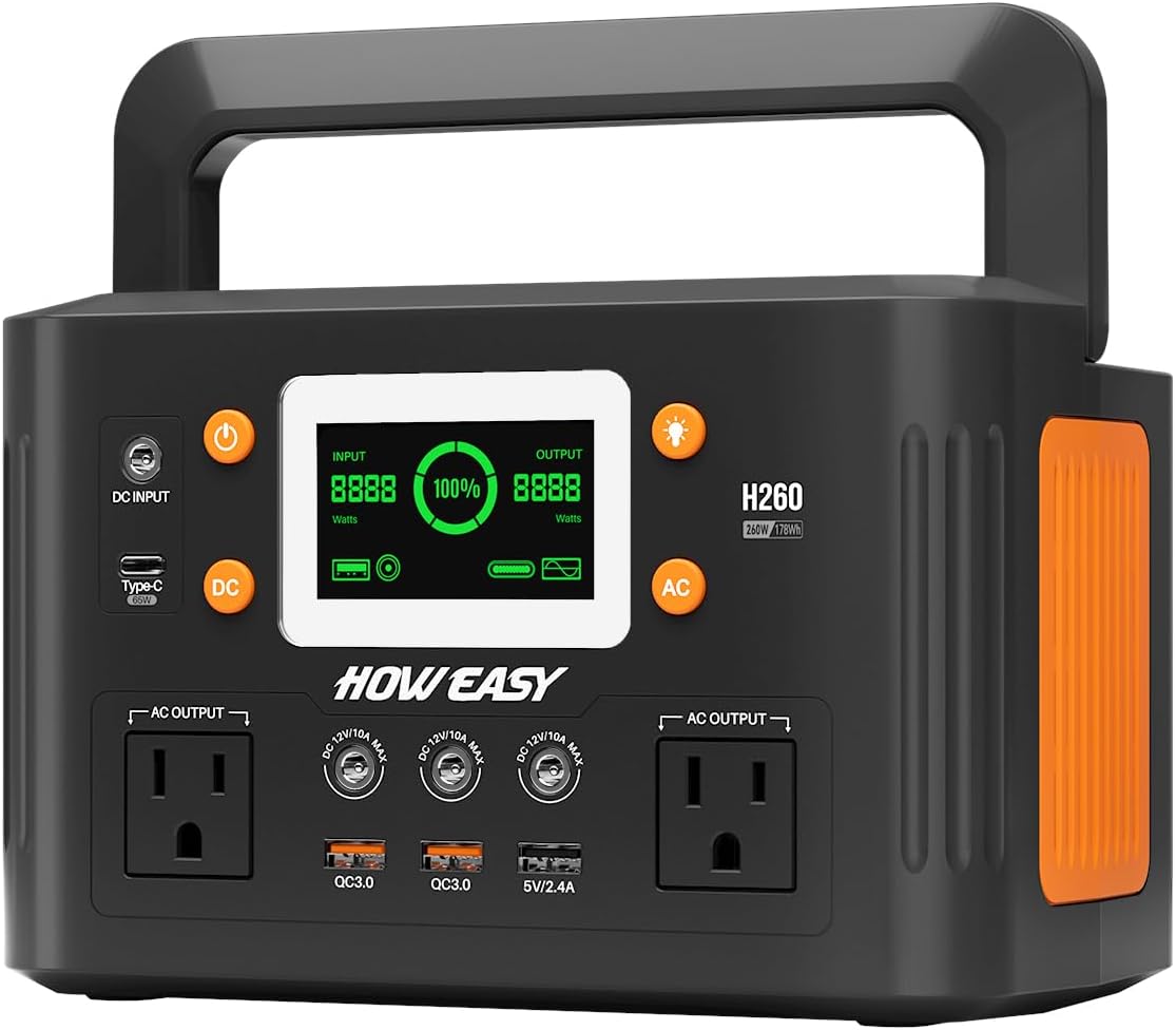 Station d'alimentation compact and portable HOWEASY, générateur solaire 260 W (500 W en crête) avec alimentation auxiliaire 65 W, prise secteur 110 V à onde sinusoïdale pure, batterie lithium de secours 48 000 mAh pour le camping, les voyages et les