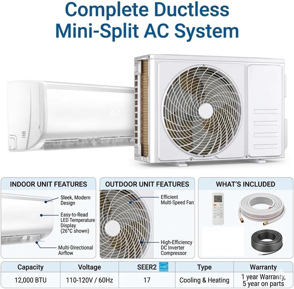Vtronix Classic America 12 000 BTU, mini-split intelligent avec pompe à chaleur, 19 SEER2, onduleur, montage mural sans conduit, 110/120 V, silencieux (29 dB), Wi-Fi/Alexa, préchargé, kit de tuyauterie de 4,9 m, jusqu’à 51 m²