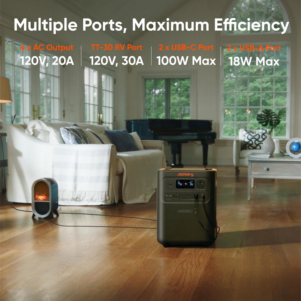 Station d'alimentation compact and portable Jackery HomePower 3600 Plus avec 2 panneaux solaires de 200 W, puissance de sortie CA de 3 600 W, générateur solaire LFP de 3 584 Wh, extensible jusqu'à 21 kWh. Solution de secours indispensable pour la