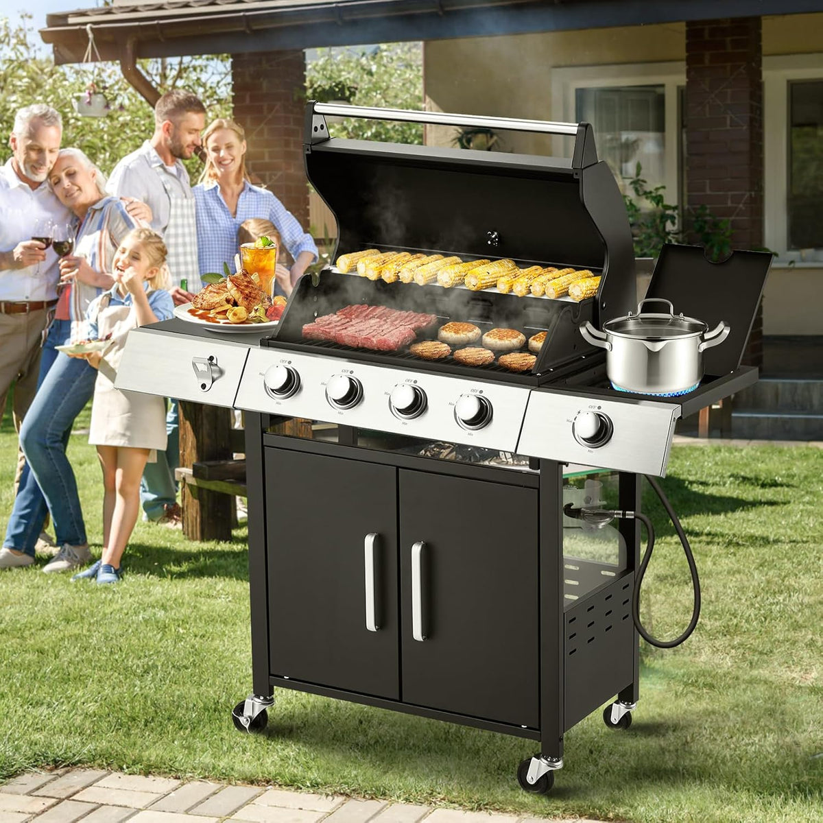 BBQ à gaz propane amélioré à 4 brûleurs avec grilles en fonte et réchaud latéral, brûleur en acier inoxydable de 44 000 BTU pour terrasse, camping et cuisine en plein air.