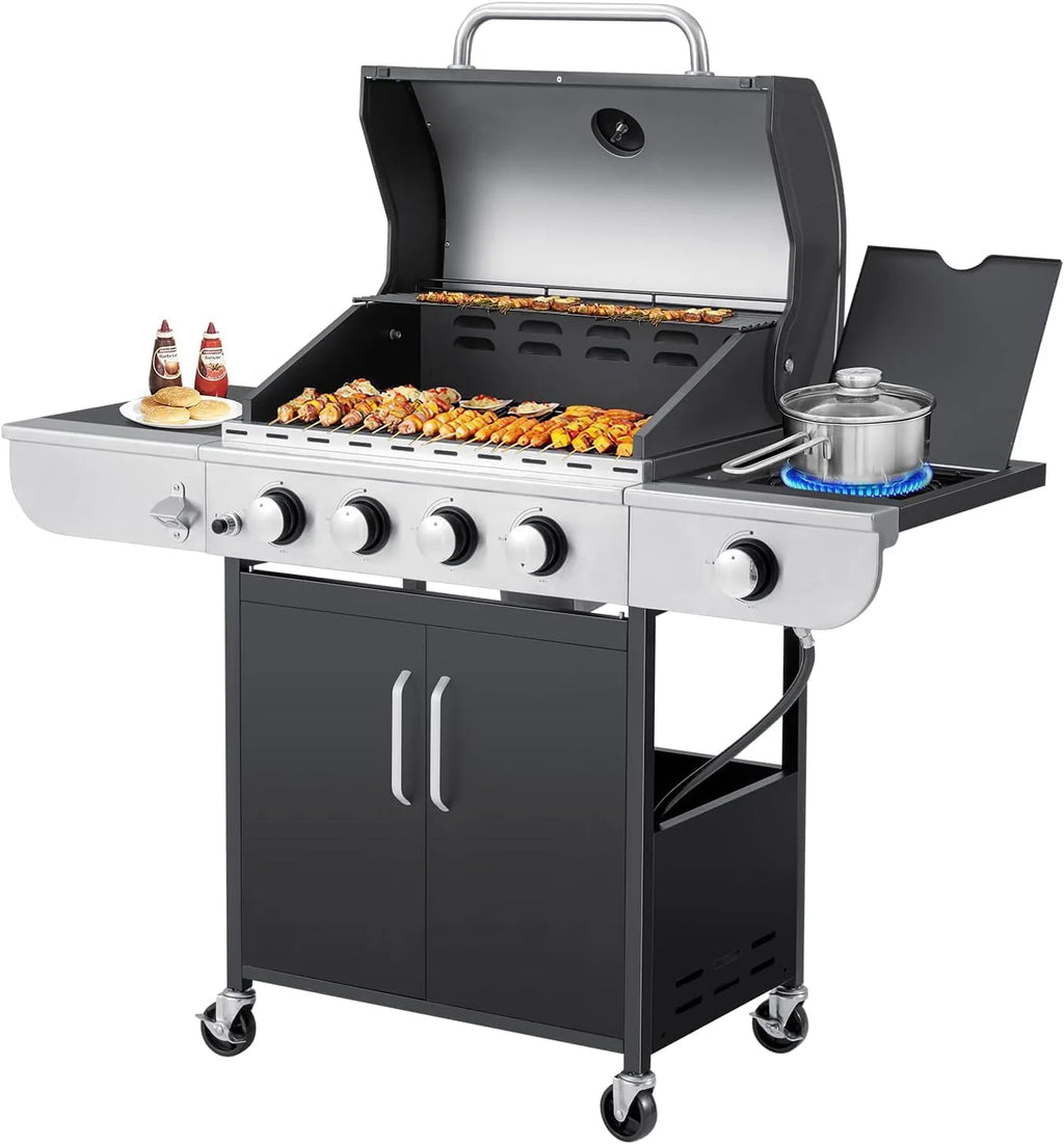 BBQ à gaz propane amélioré à 4 brûleurs avec grilles en fonte et réchaud latéral, brûleur en acier inoxydable de 44 000 BTU pour terrasse, camping et cuisine en plein air.