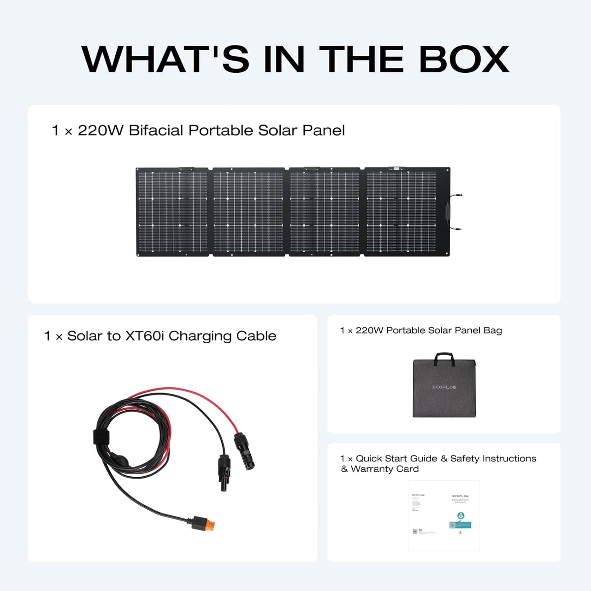 Panneau solaire compact and portable EF ECOFLOW 220 W, conception bifaciale, rendement de conversion jusqu'à 25 %, cellules solaires de type N, support réglable, étanche IP68, pliable, idéal pour le camping, les caravanes et comme solution de