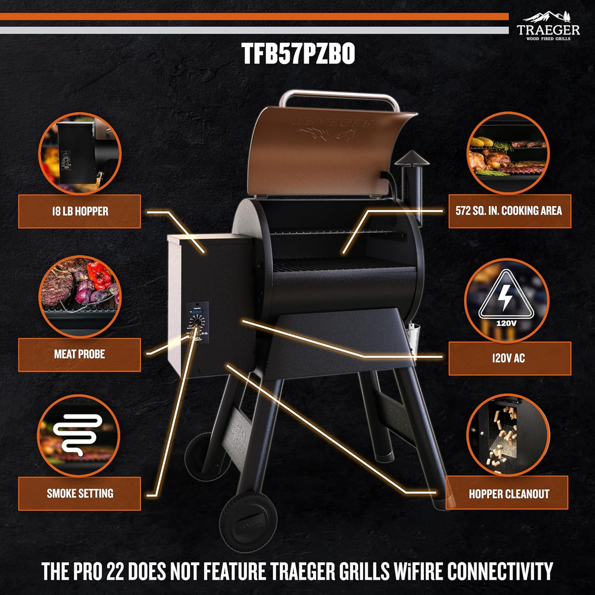 BBQ et fumoir électrique à granulés de bois Traeger Grills Pro 22 : un appareil polyvalent 6 en 1 offrant une capacité de cuisson de 572 po² (3 760 cm²), une sonde à viande, une température maximale de 450 °F (232 °C) et une trémie de 18 lb (8,2