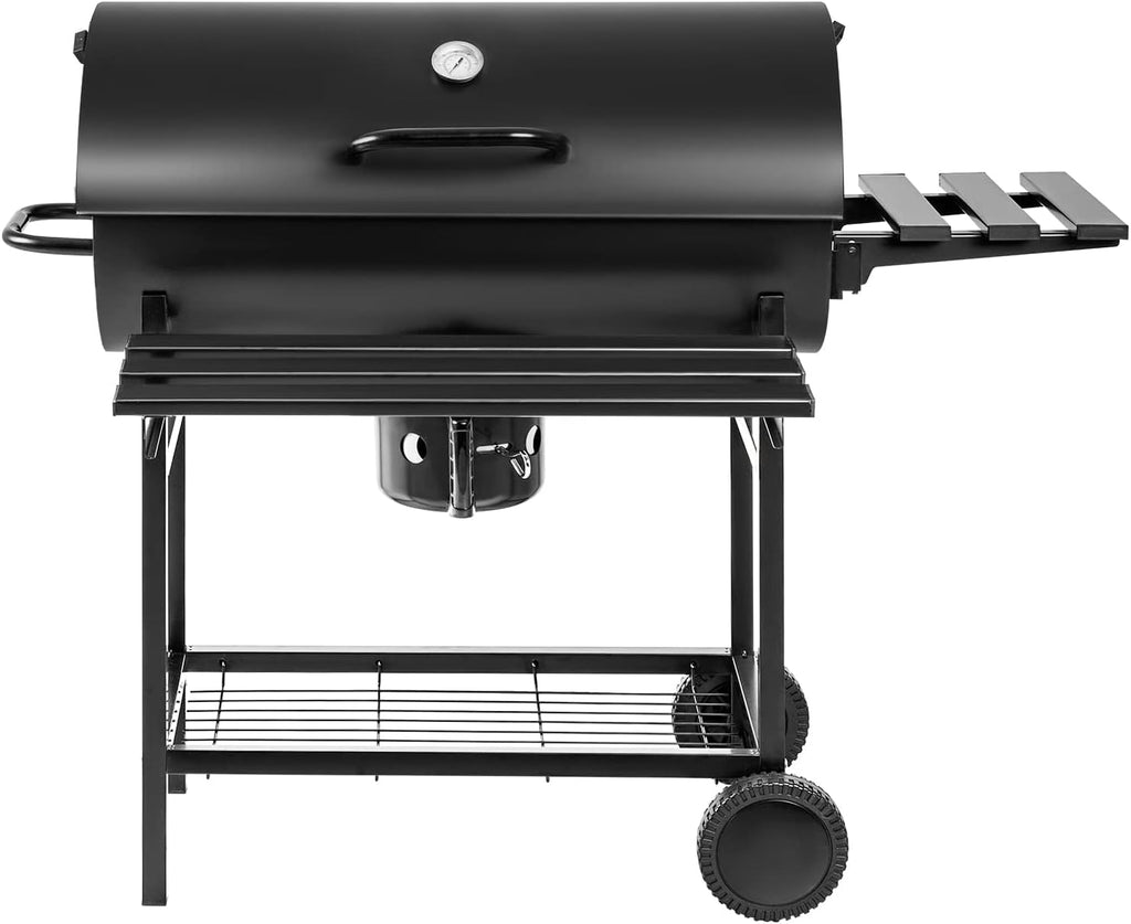 BBQ à charbon Flamaker, style tonneau, avec trois grilles, thermomètre, plaque de cuisson double couche en fonte chromée et récupérateur de cendres, idéal pour le camping et les activités de plein air.