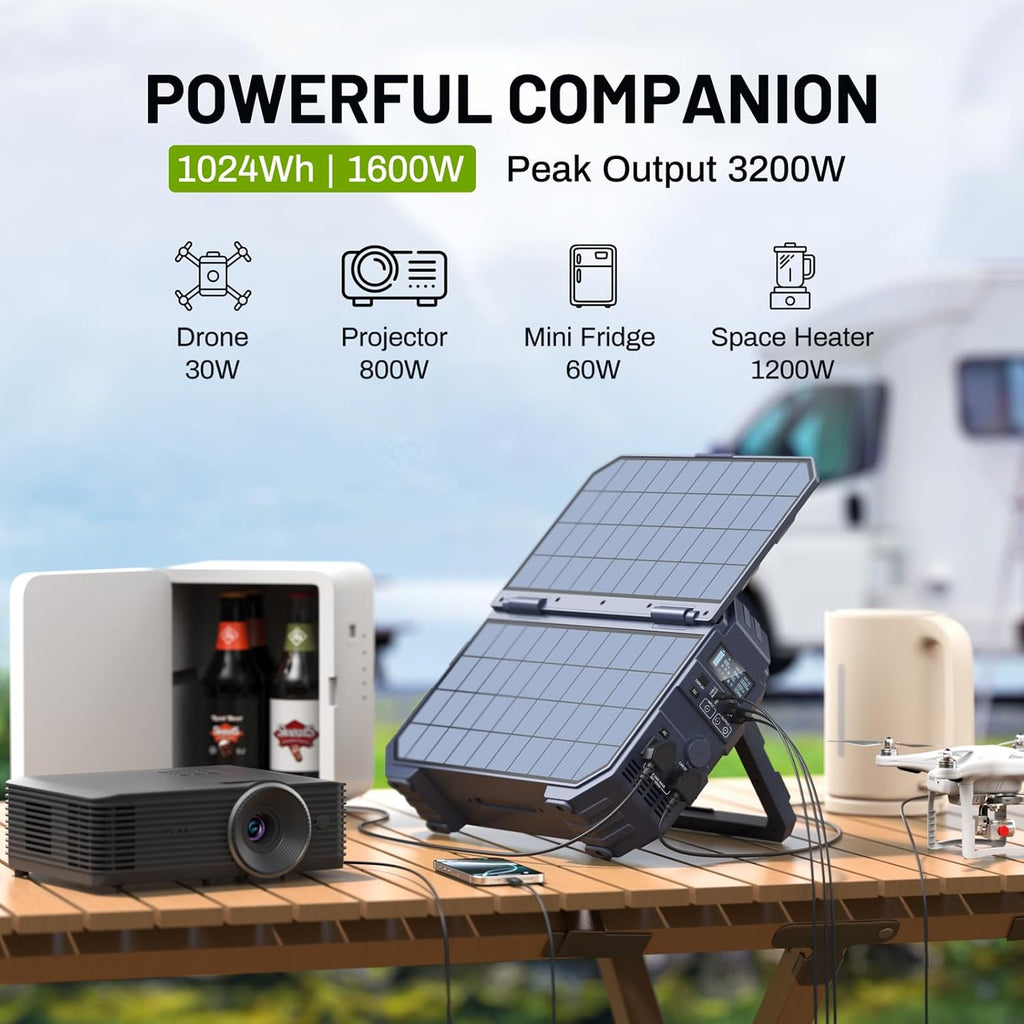 Station d'alimentation compact and portable BROWEY 1600 W (3200 W en crête) avec batterie LiFePO4 1024 Wh, panneau solaire intégré, générateur solaire USB-C PD 100 W pour camping, camping-car, maison, alimentation de secours et urgence (bleu foncé)