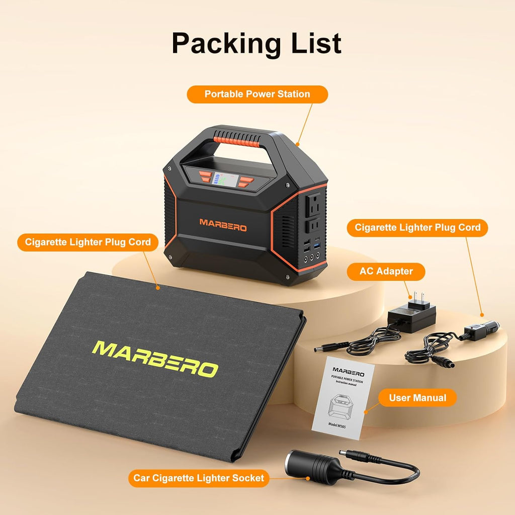 Générateur solaire MARBERO 155 Wh avec panneau solaire 30 W, station d'alimentation compact and portable, sortie multiple 100 W, lampe torche LED intégrée et câble de 2 m, ultra-léger pour le camping et les situations d'urgence en cas de panne de