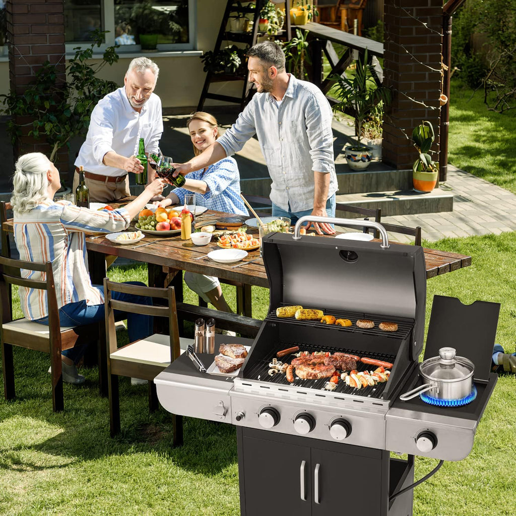 BBQ à gaz propane amélioré à 4 brûleurs avec grilles en fonte et réchaud latéral, brûleur en acier inoxydable de 44 000 BTU pour terrasse, camping et cuisine en plein air.