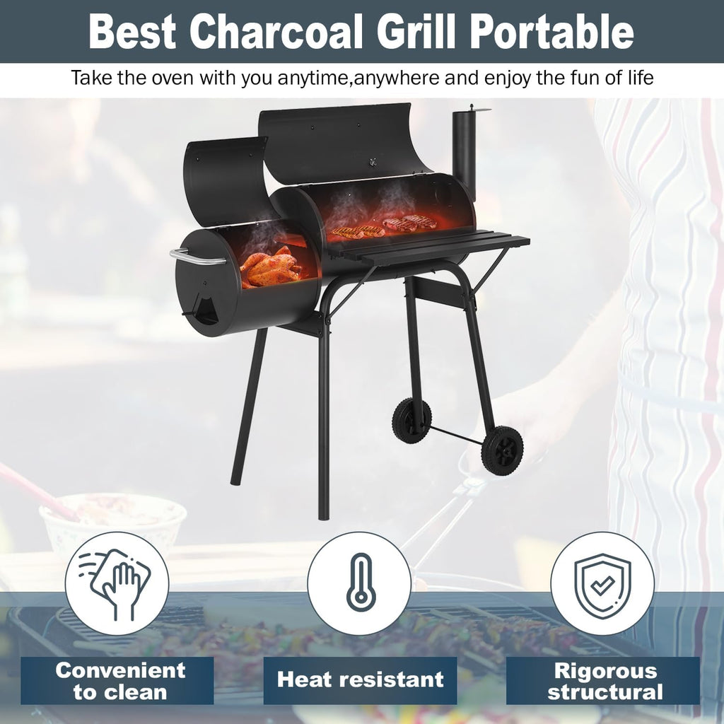 BBQ à charbon FDW de 109 cm (43 pouces) pour plusieurs personnes, avec double grille de cuisson, idéal pour le camping, le jardin, la terrasse et les fêtes, noir.