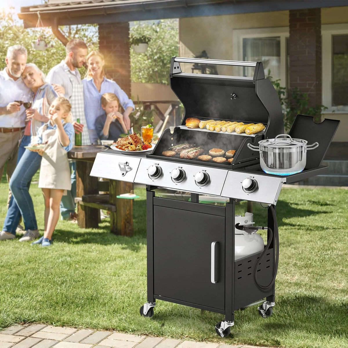 BBQ à gaz propane amélioré à 4 brûleurs avec grilles en fonte et réchaud latéral, brûleur en acier inoxydable de 44 000 BTU pour terrasse, camping et cuisine en plein air.