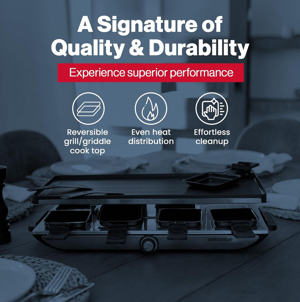 BBQ Grill à raclette Swissmar Geneva avec plaque de cuisson réversible en fonte d'aluminium - Idéal pour une utilisation intérieure et extérieure - BBQ convivial - 8 personnes