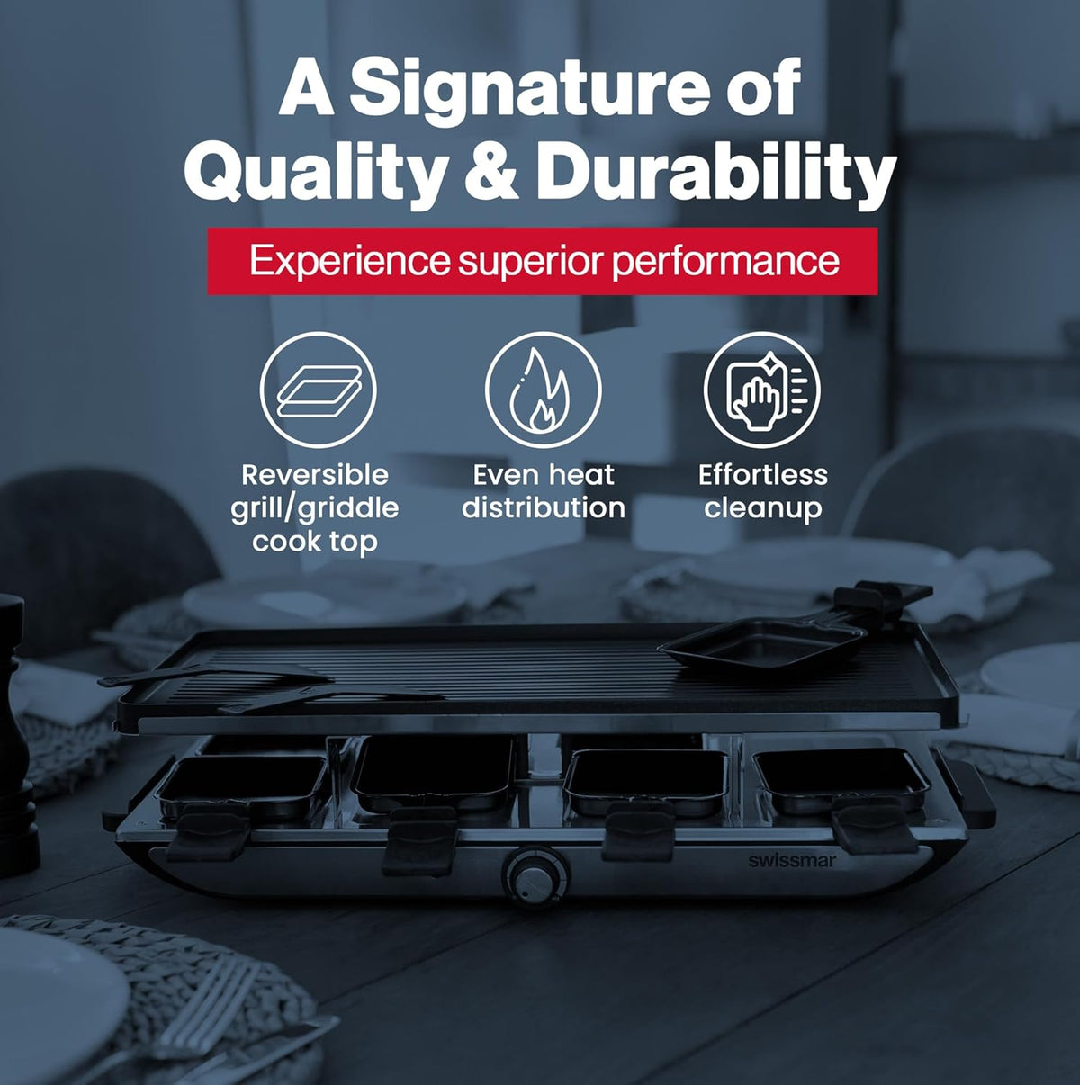 BBQ Grill à raclette Swissmar Geneva avec plaque de cuisson réversible en fonte d'aluminium - Idéal pour une utilisation intérieure et extérieure - BBQ convivial - 8 personnes