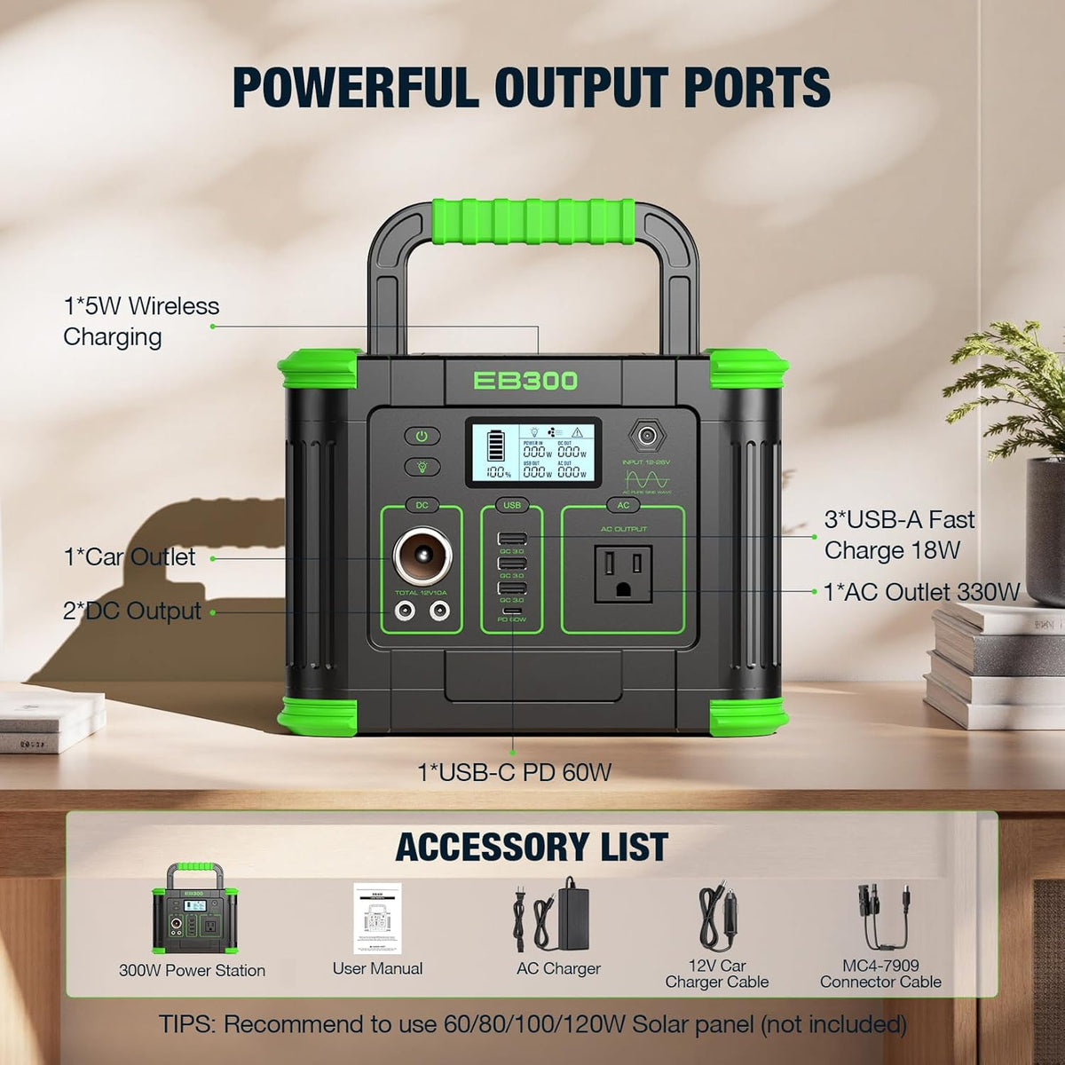 Centrale électrique compact and portable 330 W, générateur solaire 288,6 Wh avec sortie USB-C PD 60 W, prise secteur 110 V à onde sinusoïdale pure, charge sans fil 5 W, batterie lithium de secours 330 W pour le camping, les voyages, la chasse et la