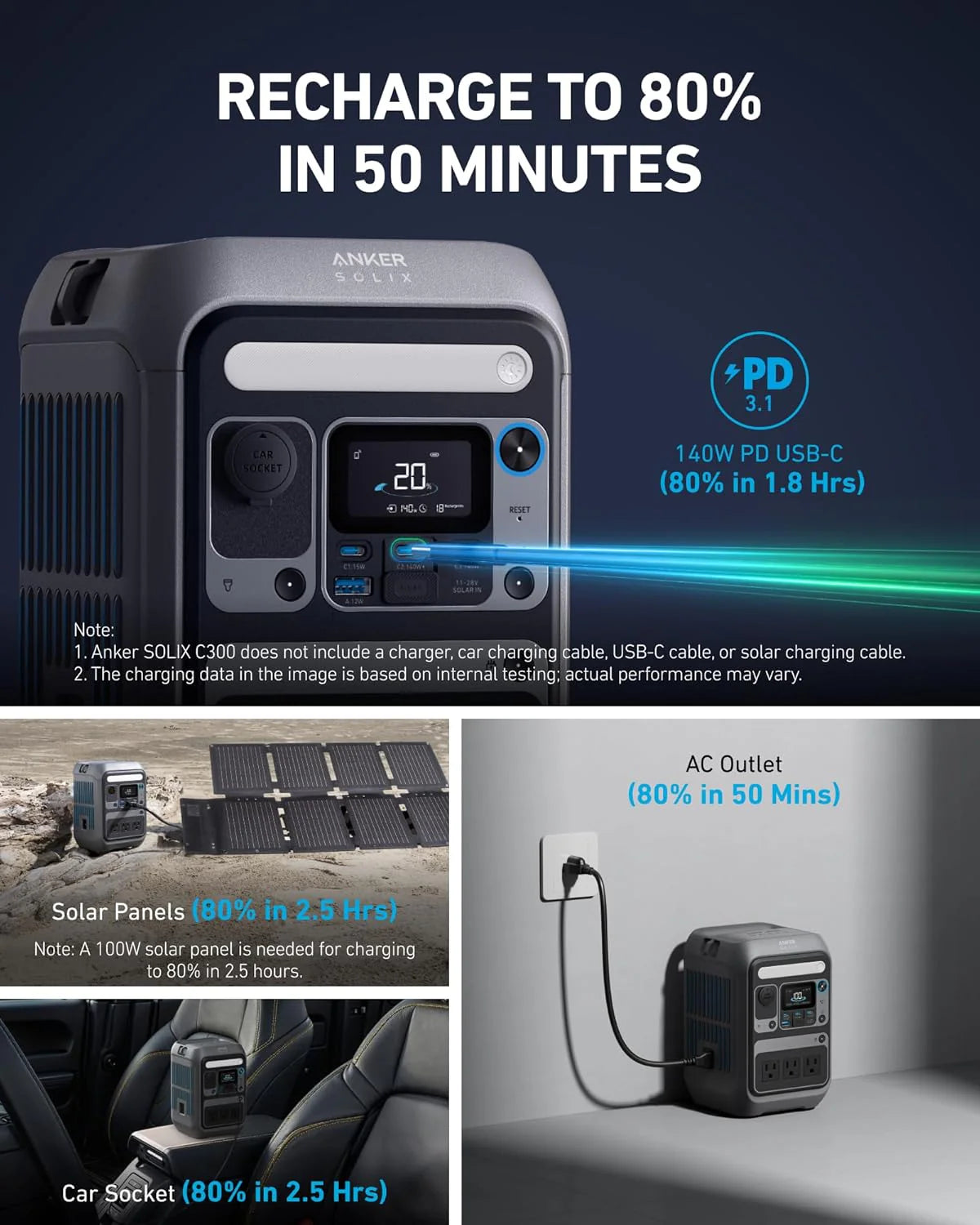 Générateur solaire Anker SOLIX C300 avec panneau solaire de 60 W, station d'alimentation compact and portable de 288 Wh, 300 W (600 W en crête), batterie LiFePO4, charge rapide bidirectionnelle de 140 W, pour le camping, les voyages et les