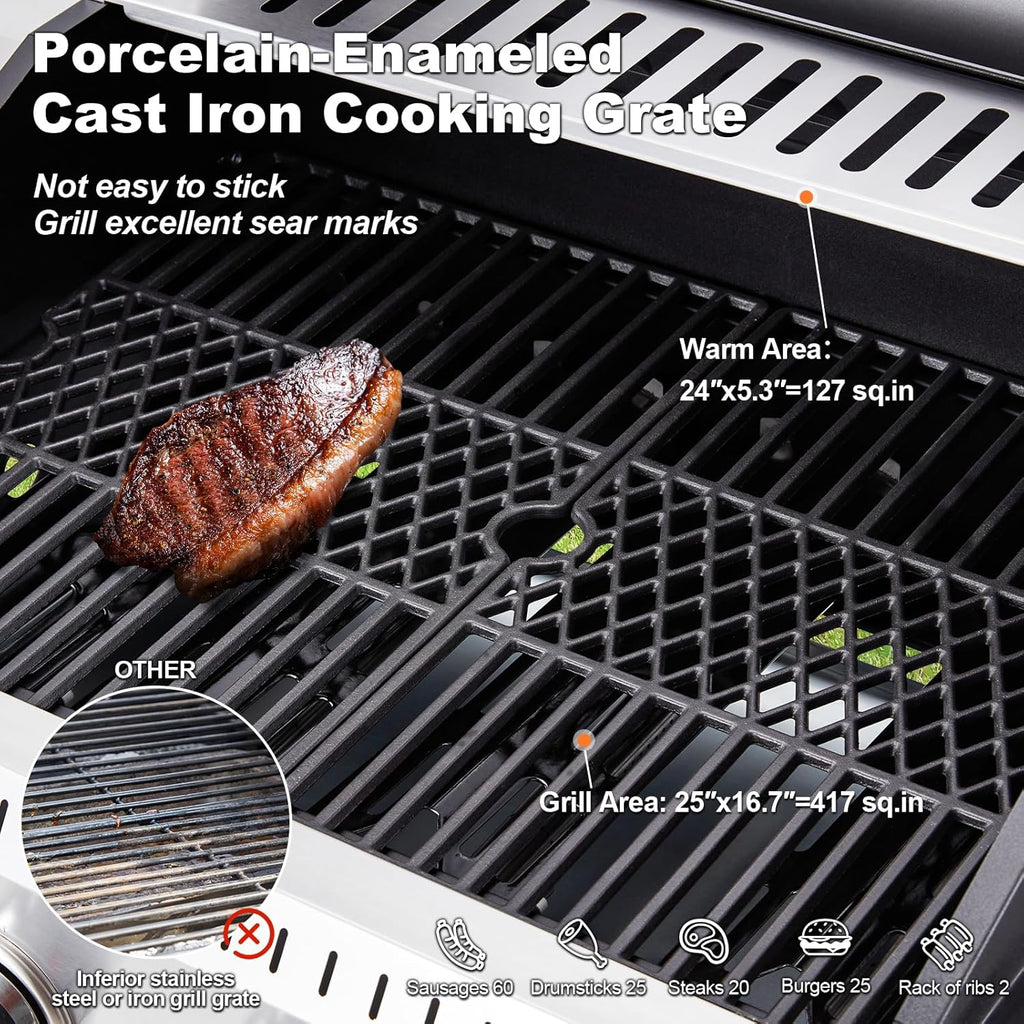 BBQ à gaz propane amélioré à 4 brûleurs avec grilles en fonte et réchaud latéral, brûleur en acier inoxydable de 44 000 BTU pour terrasse, camping et cuisine en plein air.