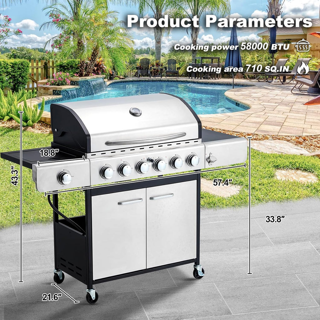 BBQ à gaz propane amélioré à 4 brûleurs avec grilles en fonte et réchaud latéral, brûleur en acier inoxydable de 44 000 BTU pour terrasse, camping et cuisine en plein air.