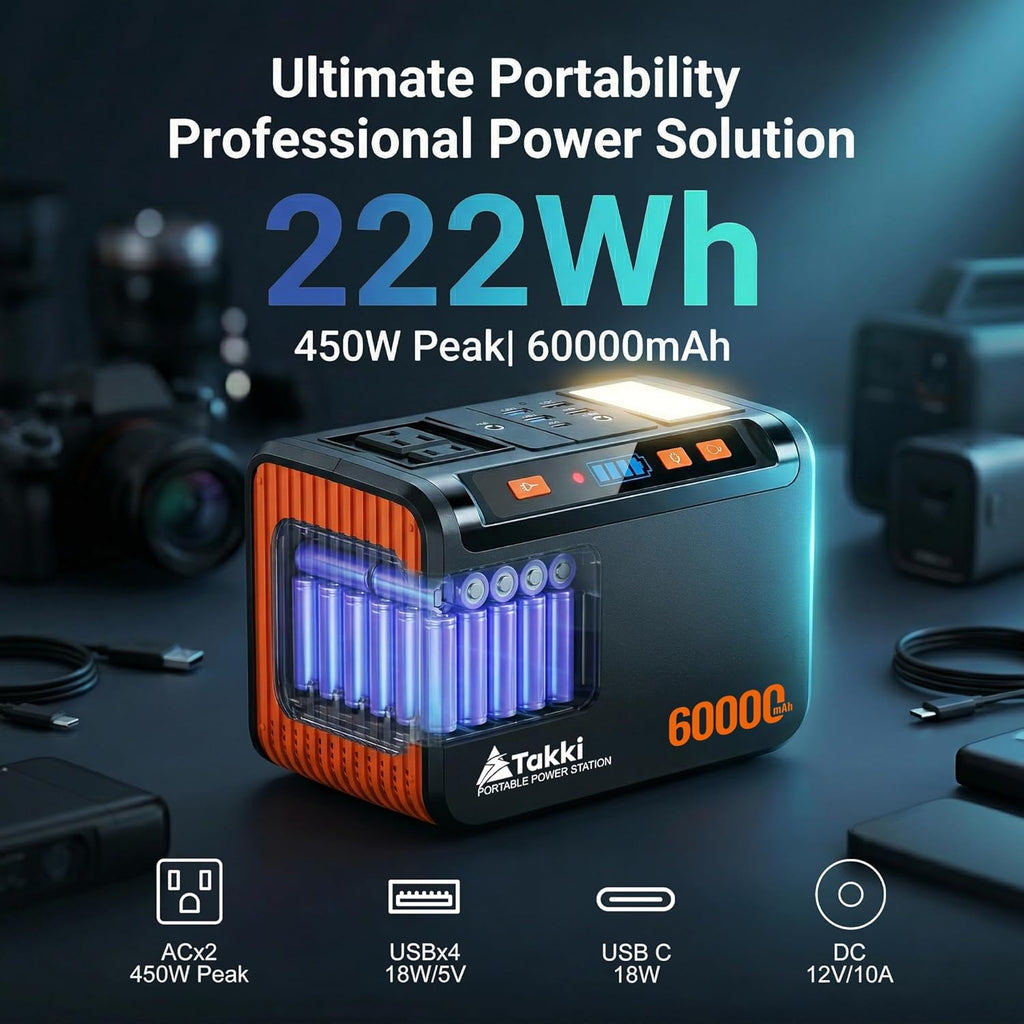 Générateur solaire compact and portable Takki 250 W avec panneaux solaires de 40 W, batterie lithium 222 Wh à onde sinusoïdale pure et prise secteur 110 V pour le camping, les appareils CPAP, la maison et les situations d'urgence en extérieur.