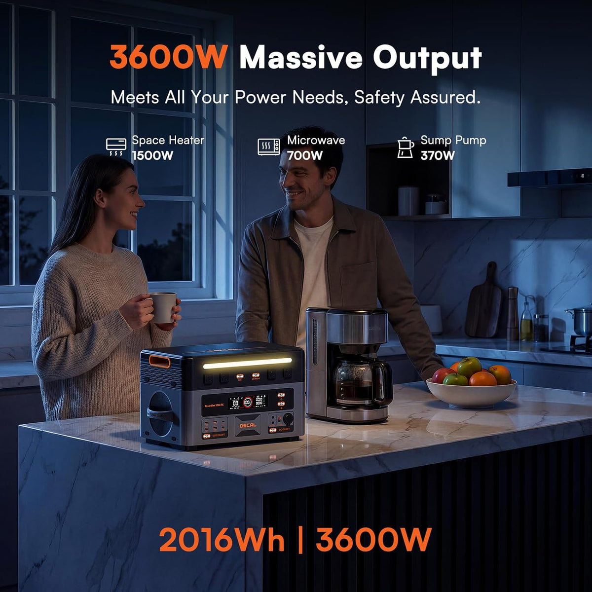 Station d'alimentation compact and portable OSCAL PowerMax 3600PE 3600 W avec panneau solaire 500 W, générateur solaire 2016 Wh, chargeur secteur 1500 W pour batterie LiFePO4, idéale pour la maison, le camping et les situations d'urgence en