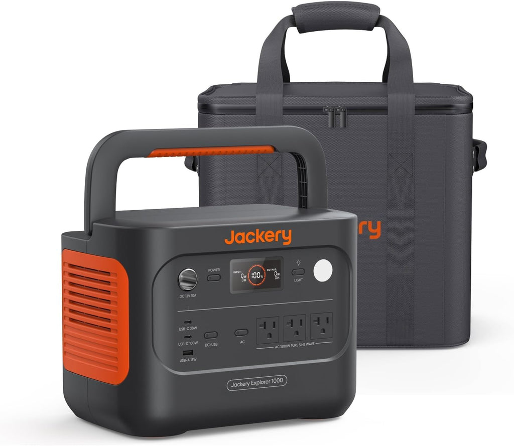 Station d'alimentation compact and portable Jackery Explorer 1000 v2 avec sac de transport, batterie LiFePO4 1070 Wh, sortie CA 1500 W / USB-C 100 W, charge rapide en 1 heure, générateur solaire pour le camping en plein air