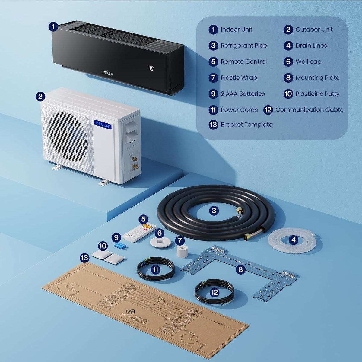 Climatiseur split DELLA Umbra Series 12 000 BTU, compatible avec Alexa, 20 SEER², refroidit jusqu'à 550 pi² (51 m²), système Inverter sans conduit avec pompe à chaleur préchargée de 1 tonne
