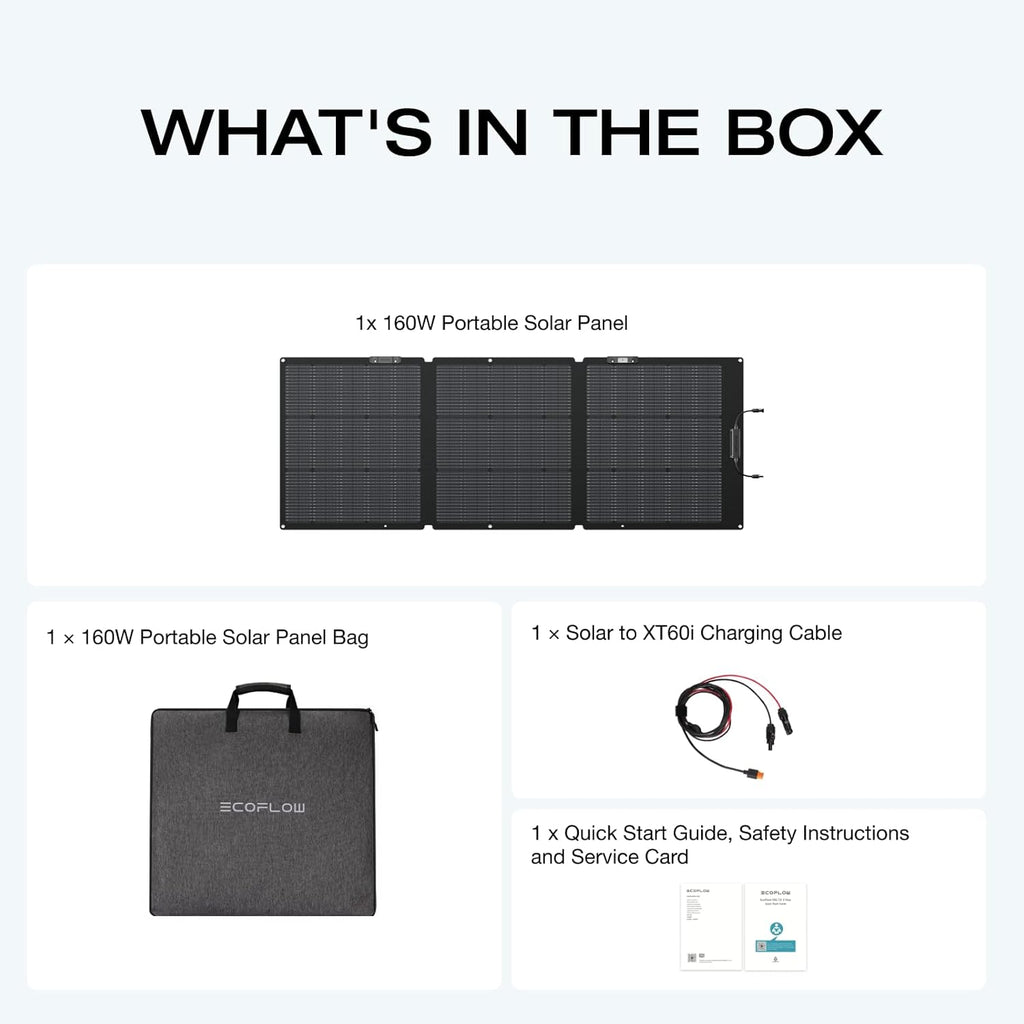 Panneau solaire compact and portable EF ECOFLOW 160 W pour station d'alimentation, chargeur solaire pliable avec support réglable, étanche IP68, idéal pour le camping, les camping-cars et les systèmes hors réseau.