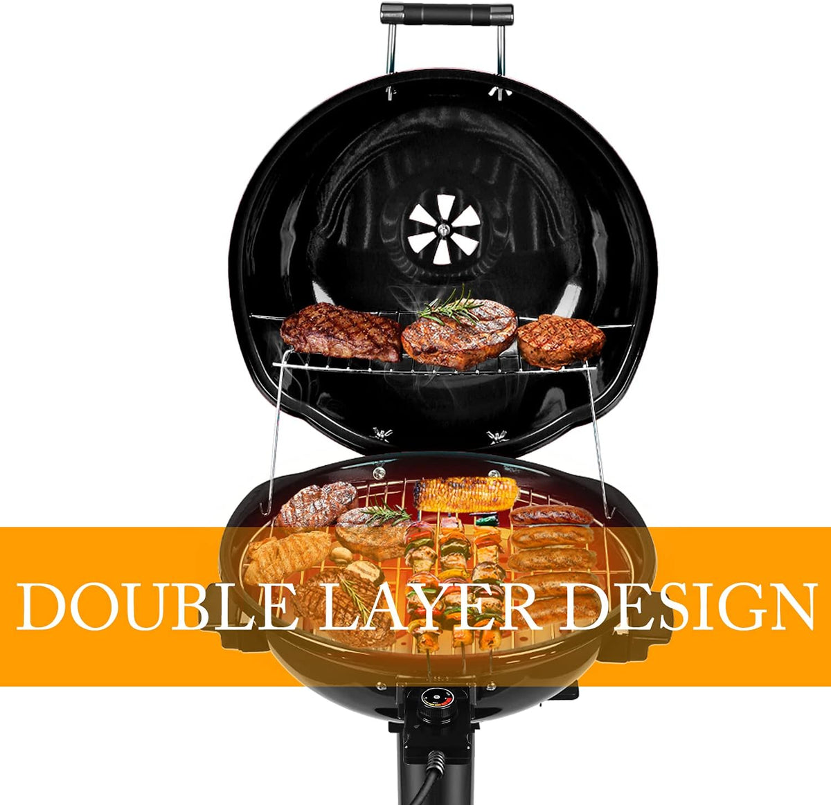 BBQ électrique Techwood 15 portions, utilisable en intérieur et en extérieur, conception à double couche, support amovible et portable, 1600 W (BBQ sur pied noir)