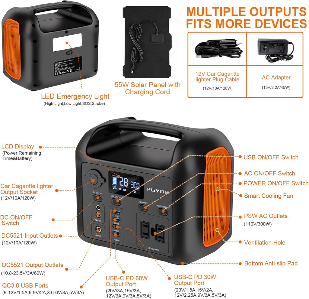 Station d'alimentation compact and portable avec panneau solaire de 55 W, batterie de secours LiFePO4 de 299 Wh, alimentation secteur sinusoïdale pure de 300 W (600 W crête), prises allume-cigare, générateur solaire QC3.0 de 60 W, batterie externe