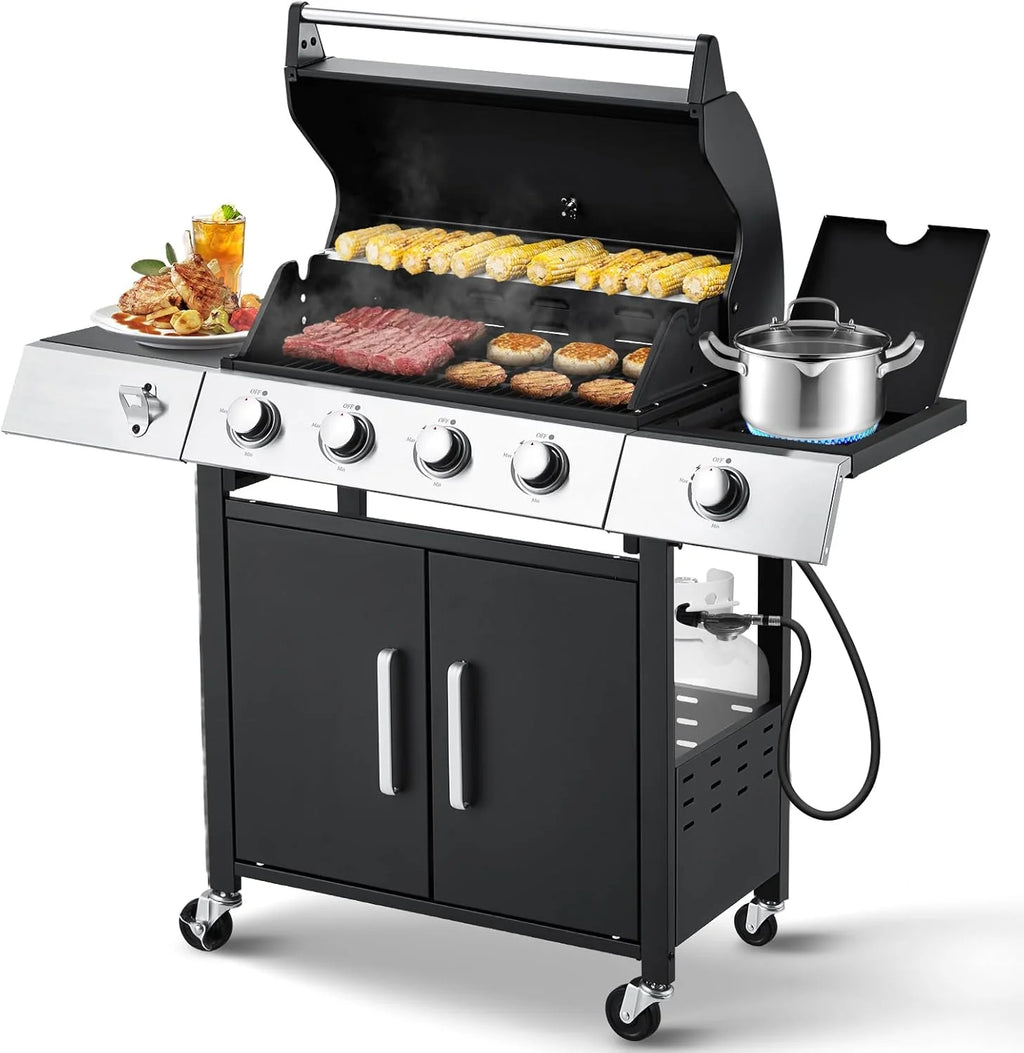 BBQ à gaz propane amélioré à 4 brûleurs avec grilles en fonte et réchaud latéral, brûleur en acier inoxydable de 44 000 BTU pour terrasse, camping et cuisine en plein air.