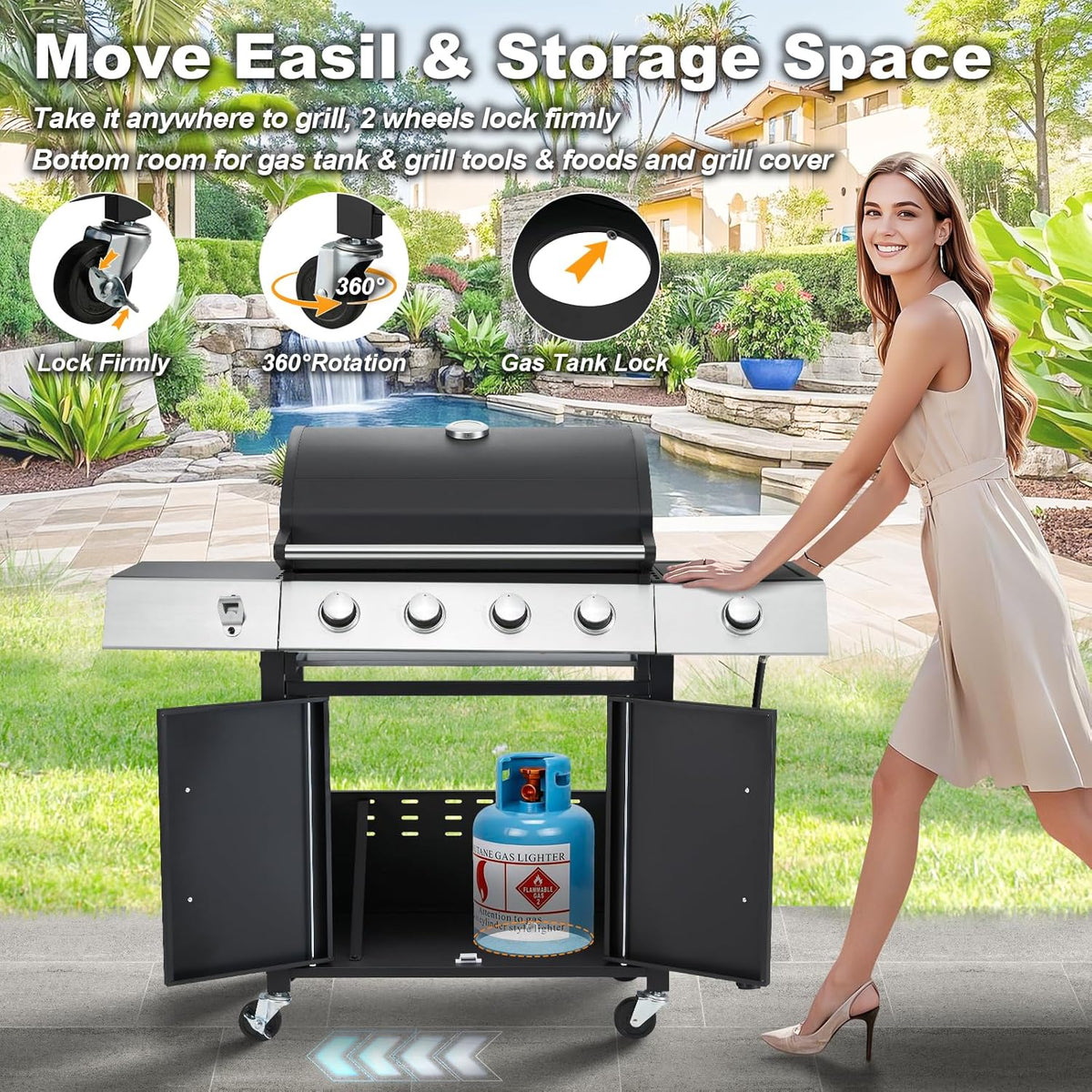 BBQ à gaz propane amélioré à 4 brûleurs avec grilles en fonte et réchaud latéral, brûleur en acier inoxydable de 44 000 BTU pour terrasse, camping et cuisine en plein air.