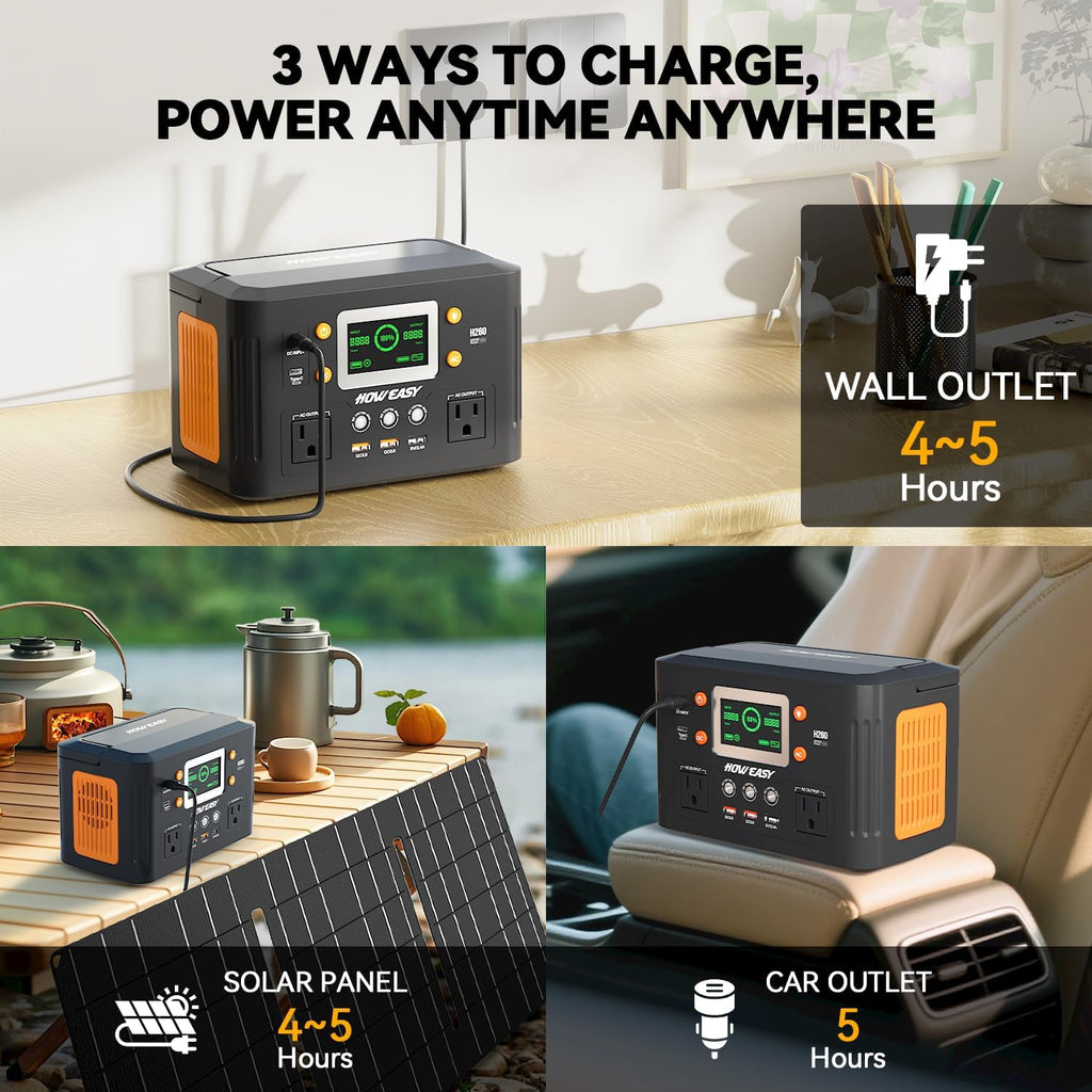 Station d'alimentation compact and portable HOWEASY, générateur solaire 260 W (500 W en crête) avec alimentation auxiliaire 65 W, prise secteur 110 V à onde sinusoïdale pure, batterie lithium de secours 48 000 mAh pour le camping, les voyages et les