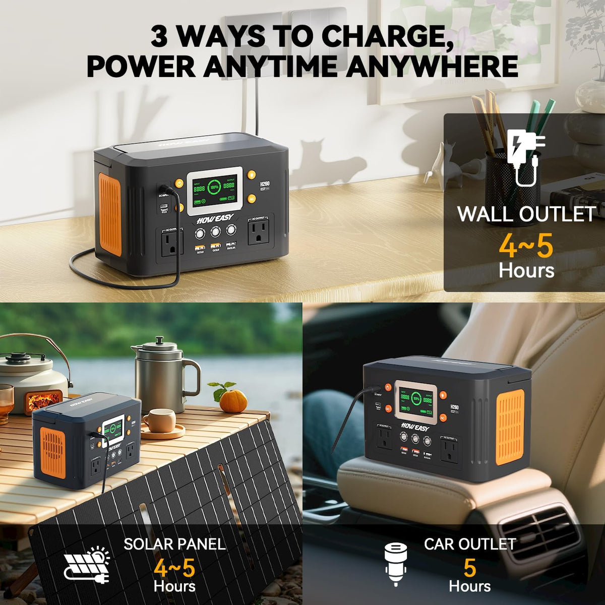 Station d'alimentation compact and portable HOWEASY, générateur solaire 260 W (500 W en crête) avec alimentation auxiliaire 65 W, prise secteur 110 V à onde sinusoïdale pure, batterie lithium de secours 48 000 mAh pour le camping, les voyages et les
