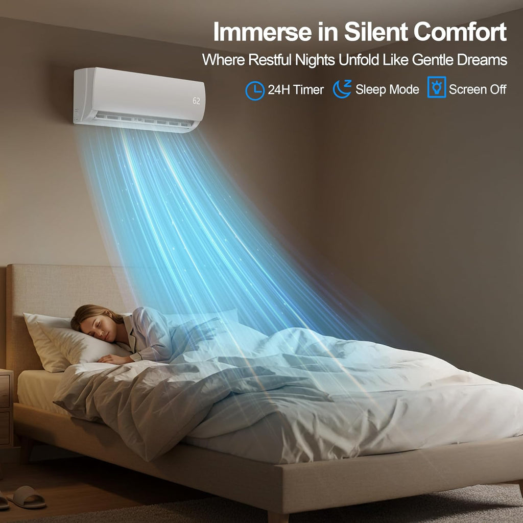 Système de climatisation/chauffage mini split 12 000 BTU, 19 SEER2, système inverter sans conduit écoénergétique 110/120 V, refroidit jusqu'à 750 pi² avec condenseur préchargé, pompe à chaleur et kits d'installation inclus.