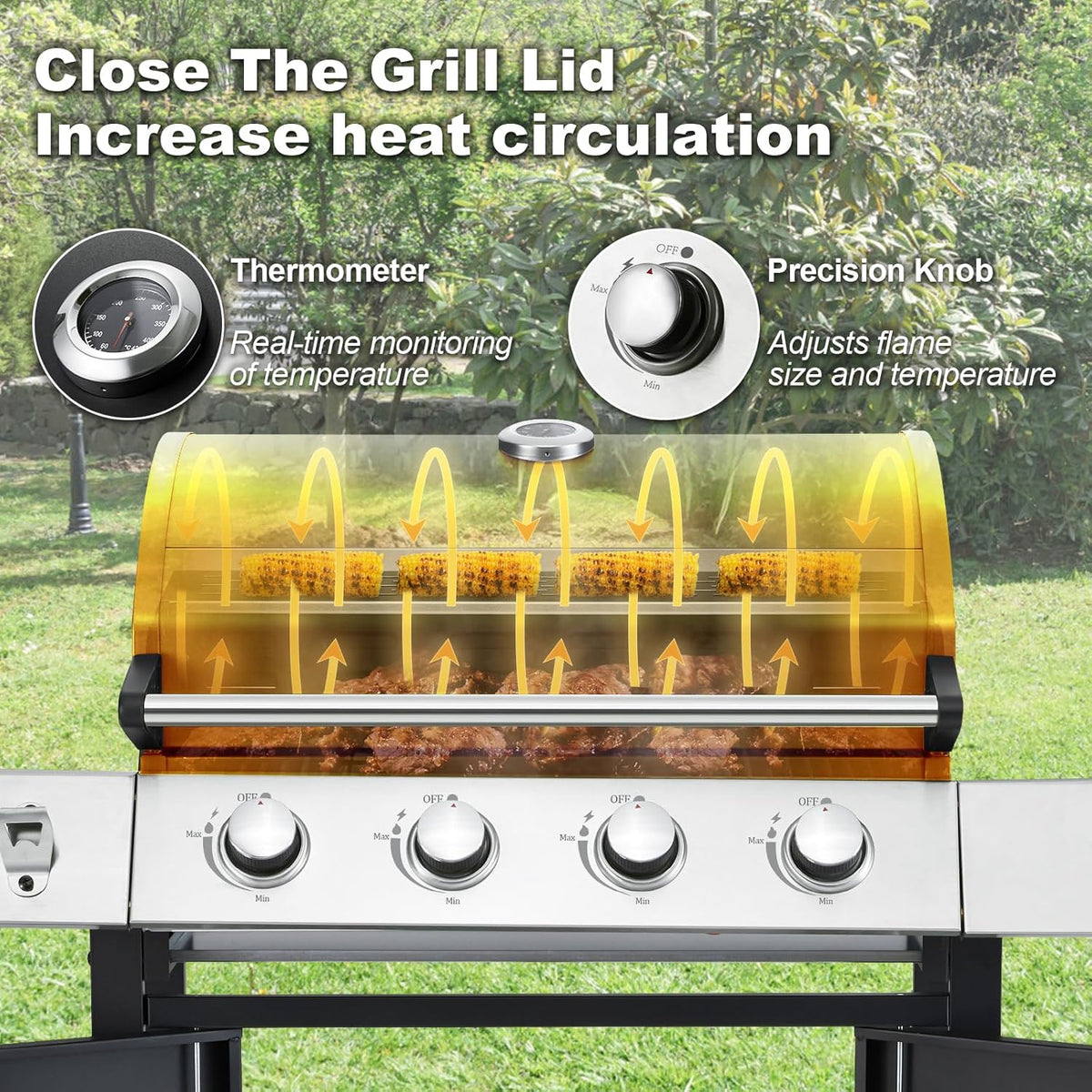 BBQ à gaz propane amélioré à 4 brûleurs avec grilles en fonte et réchaud latéral, brûleur en acier inoxydable de 44 000 BTU pour terrasse, camping et cuisine en plein air.