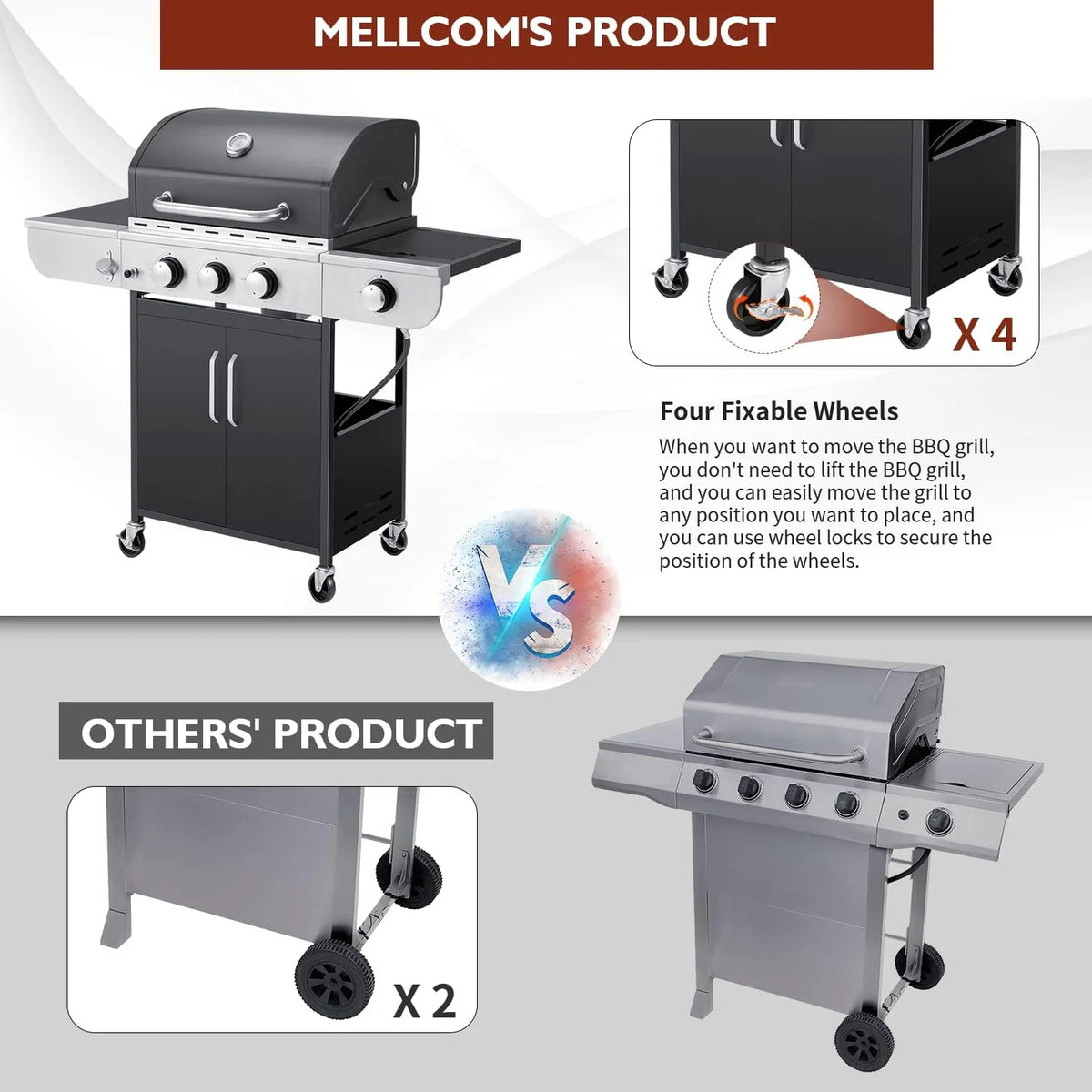 BBQ à gaz propane amélioré à 4 brûleurs avec grilles en fonte et réchaud latéral, brûleur en acier inoxydable de 44 000 BTU pour terrasse, camping et cuisine en plein air.