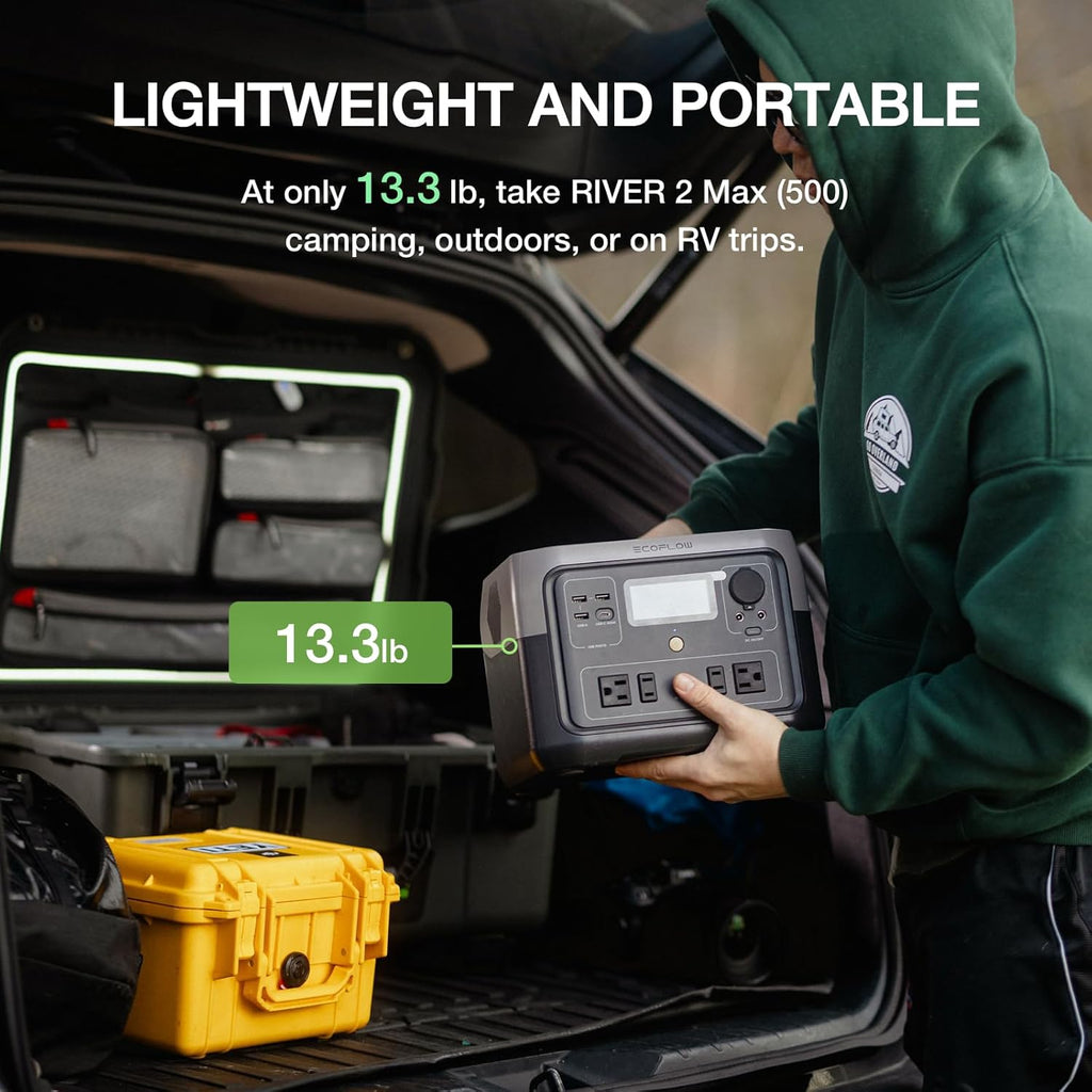 Centrale électrique compact and portable EF ECOFLOW River 2 Max 500 : batterie LiFePO4 de 499 Wh, charge rapide en 1 heure, puissance jusqu’à 1 000 W (panneau solaire en option), idéale pour le camping, les caravanes et la maison.