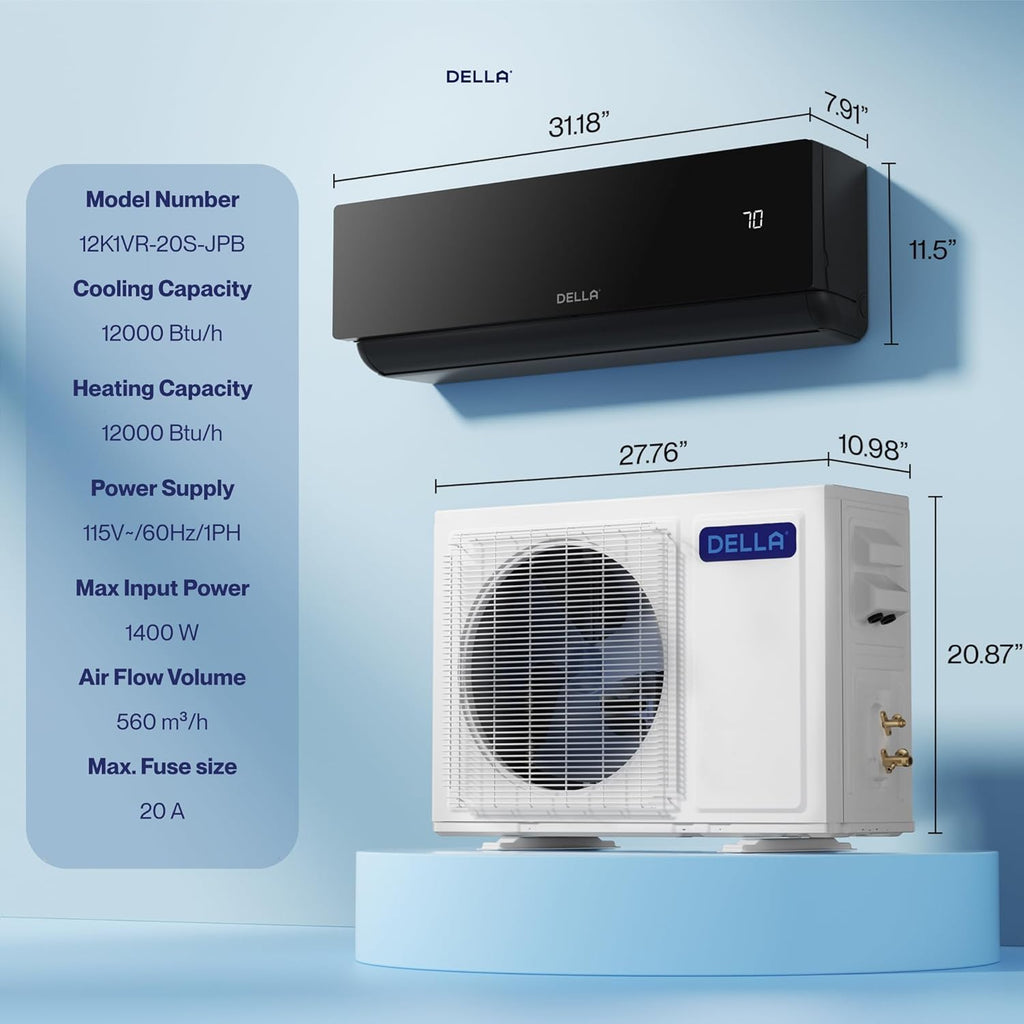 Climatiseur split DELLA Umbra Series 12 000 BTU, compatible avec Alexa, 20 SEER², refroidit jusqu'à 550 pi² (51 m²), système Inverter sans conduit avec pompe à chaleur préchargée de 1 tonne