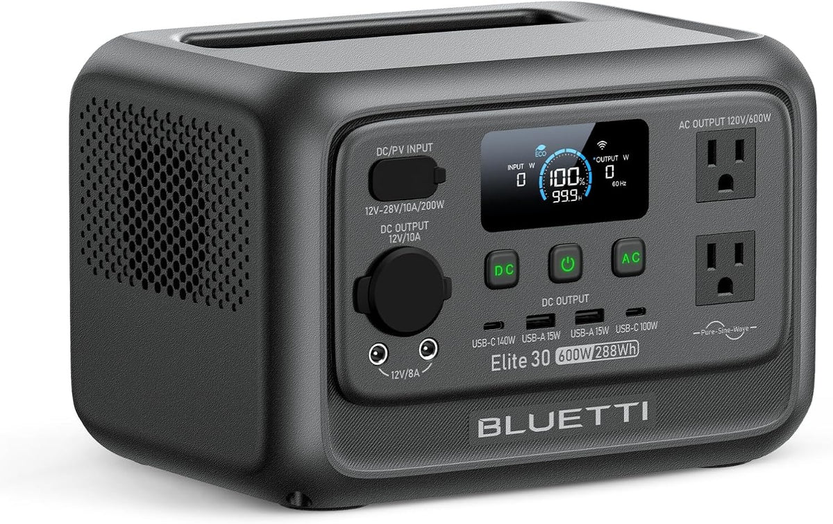 Station d'alimentation compact and portable BLUETTI Elite 30 V2 600 W (puissance de levage 1500 W) Batterie LiFePO4 288 Wh avec onduleur 10 ms, alimentation de secours pour les pannes de courant à domicile/tempêtes hivernales, générateur solaire