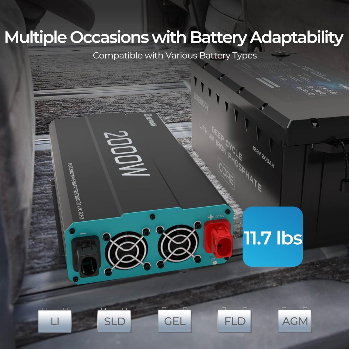 Onduleur Renogy P2 2000 W à onde sinusoïdale pure, convertisseur 12 V CC vers 110 V CA, onduleur solaire hors réseau pour véhicules, camions, camping-cars et maisons, avec port USB 5 V/2,1 A intégré et télécommande filaire.