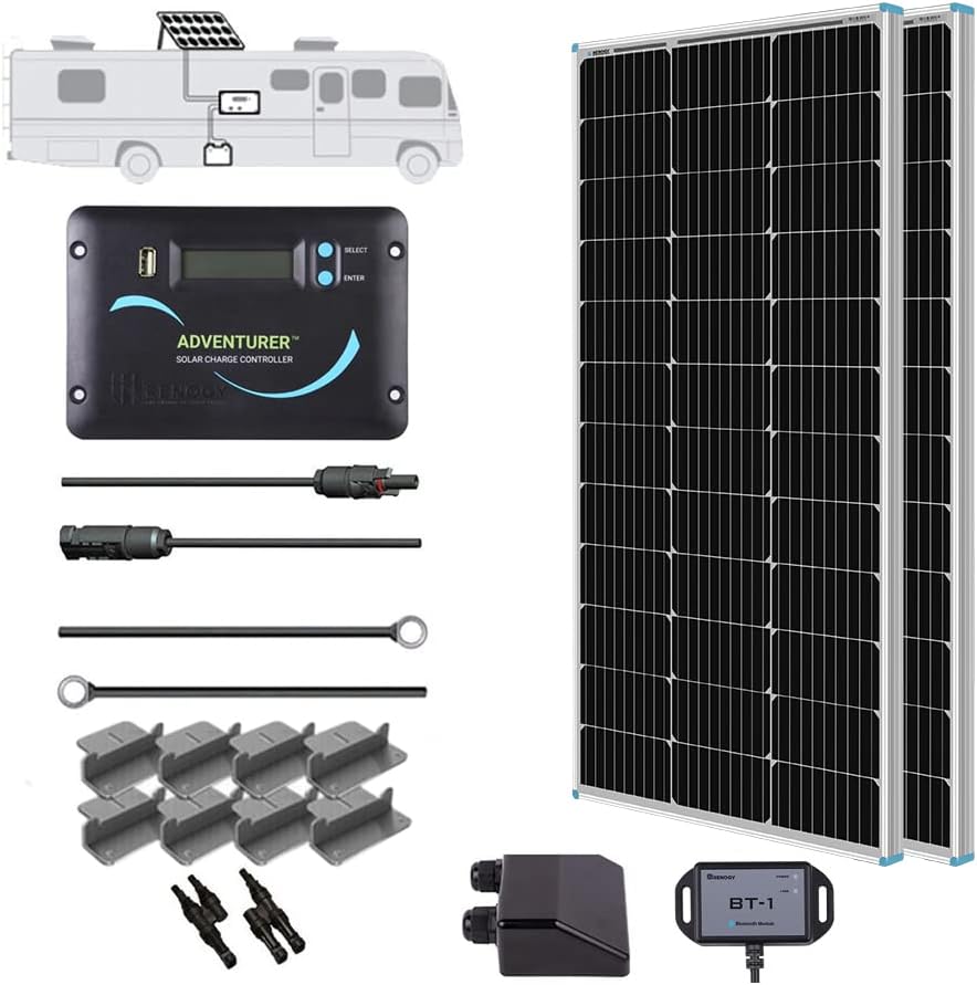 Kit de panneau solaire monocristallin Renogy 200 W 12 V pour camping-car, avec contrôleur de charge PWM LCD Adventurer 30 A et supports de montage pour camping-car, bateau, caravane et système d'énergie solaire autonome.