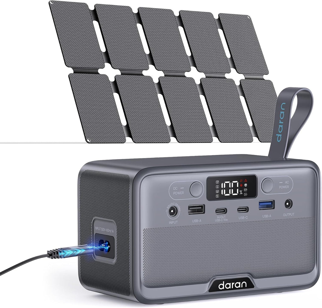 Station d'alimentation compact and portable 100 W avec panneau solaire 25 W, batterie LiFePO4 et prises secteur 110 V. Générateur solaire à charge rapide pour les situations d'urgence (ouragan, etc.), une utilisation en extérieur et les voyages hors