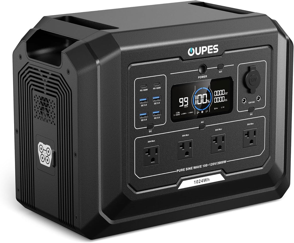 OUPES Mega 1 Station d'alimentation compact and portable 2000 W (4500 W en crête) Générateur solaire avec batterie LiFePO4 1024 Wh, extensible à 5 kWh, onduleur pour alimentation de secours à domicile, camping et voyages (panneau solaire en option)