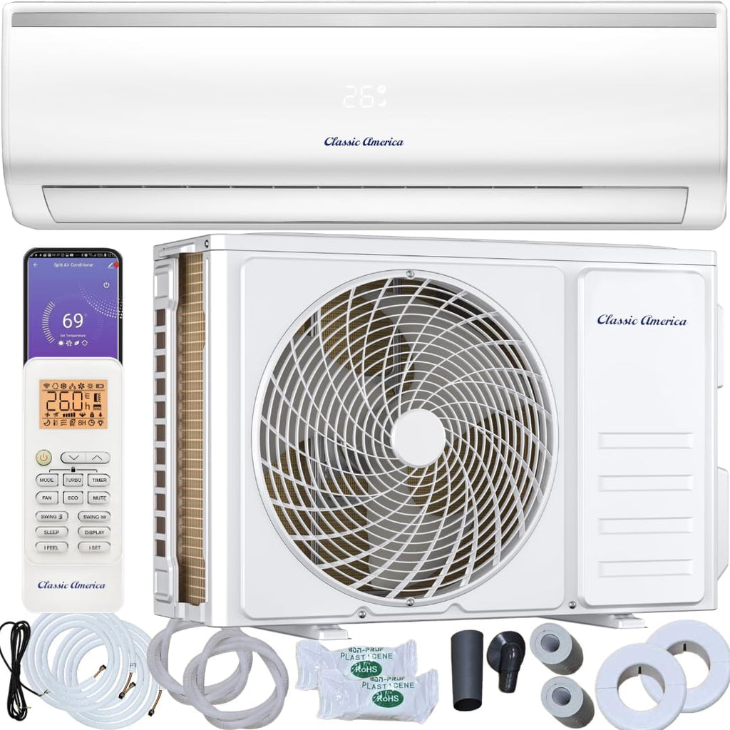 Vtronix Classic America 12 000 BTU, mini-split intelligent avec pompe à chaleur, 19 SEER2, onduleur, montage mural sans conduit, 110/120 V, silencieux (29 dB), Wi-Fi/Alexa, préchargé, kit de tuyauterie de 4,9 m, jusqu’à 51 m²