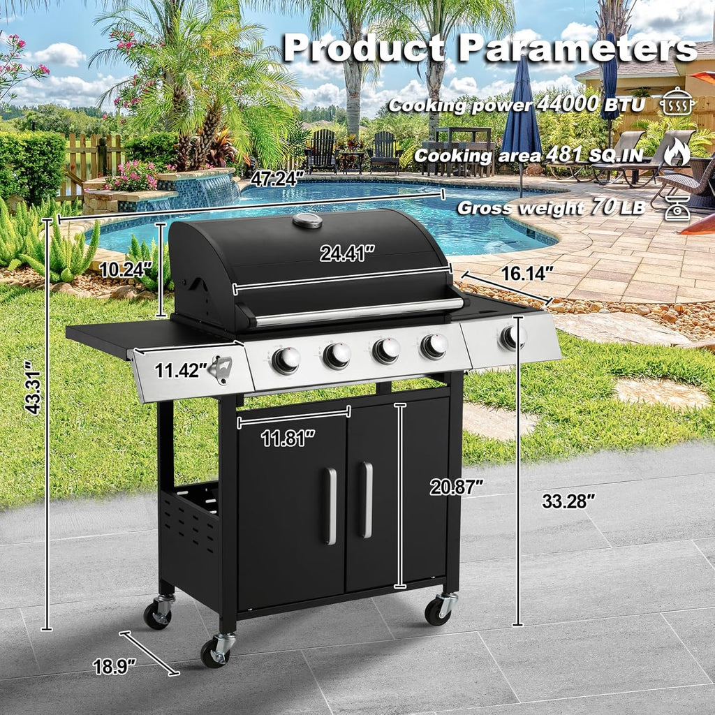 BBQ à gaz propane amélioré à 4 brûleurs avec grilles en fonte et réchaud latéral, brûleur en acier inoxydable de 44 000 BTU pour terrasse, camping et cuisine en plein air.