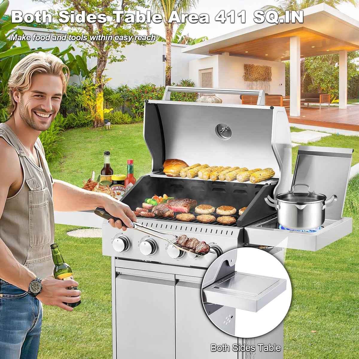 BBQ à gaz propane amélioré à 4 brûleurs avec grilles en fonte et réchaud latéral, brûleur en acier inoxydable de 44 000 BTU pour terrasse, camping et cuisine en plein air.