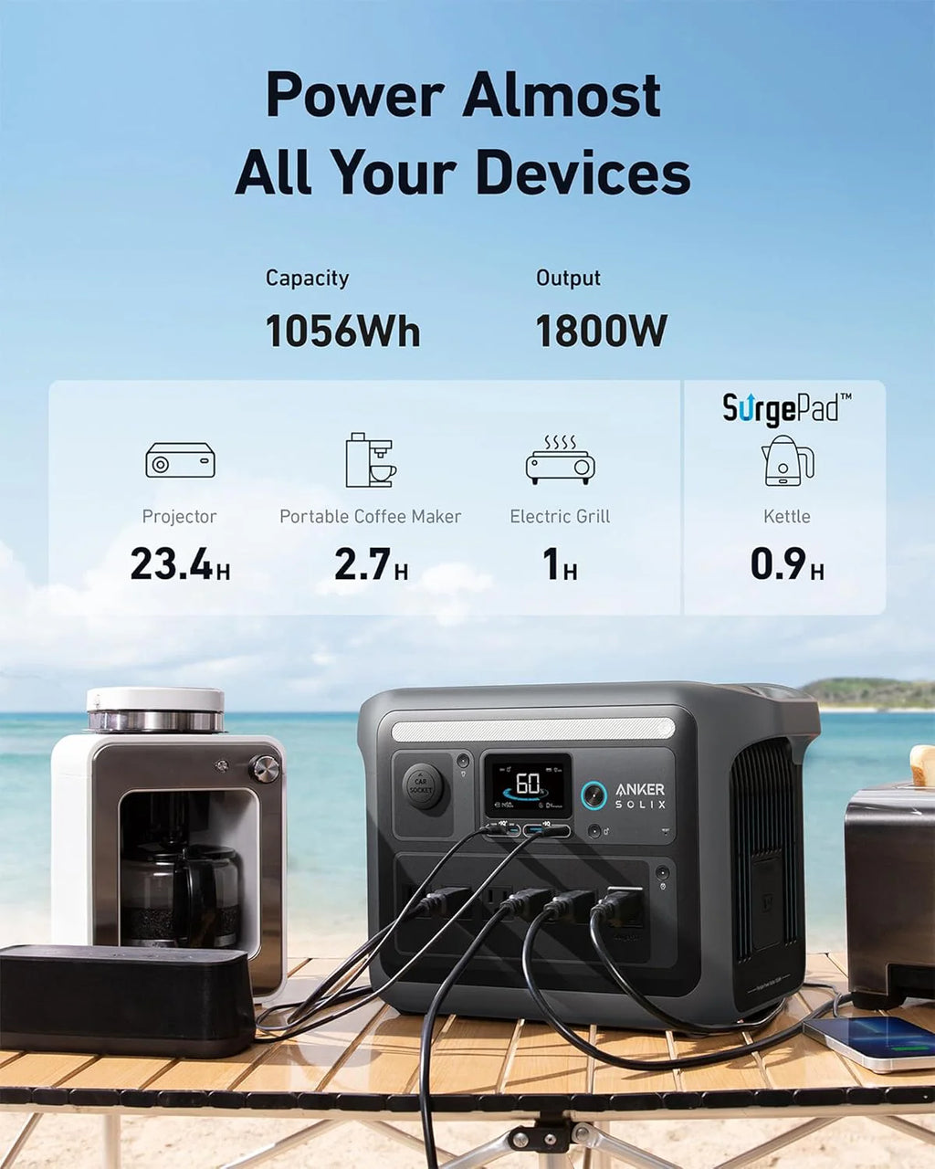 Centrale électrique compact and portable, générateur solaire 1800 W (2400 W en crête), charge complète en 58 minutes, batterie LiFePO4 1056 Wh.