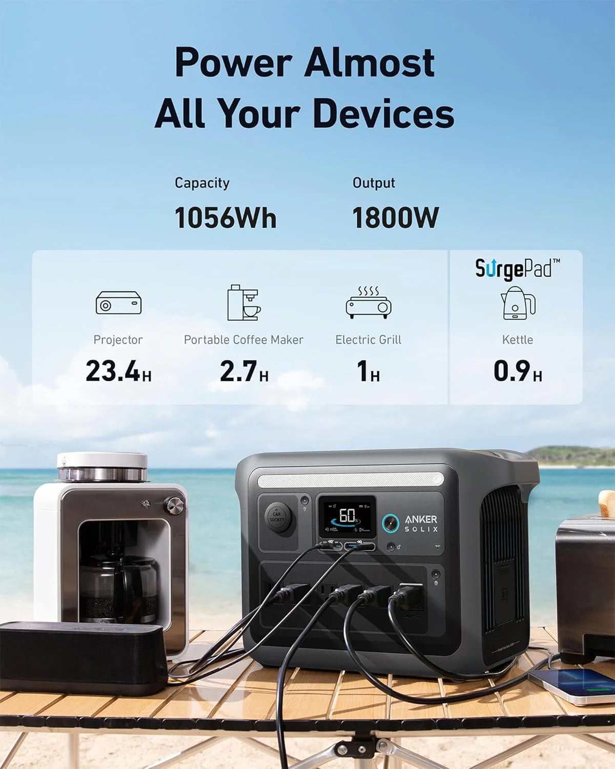 Centrale électrique compact and portable, générateur solaire 1800 W (2400 W en crête), charge complète en 58 minutes, batterie LiFePO4 1056 Wh.